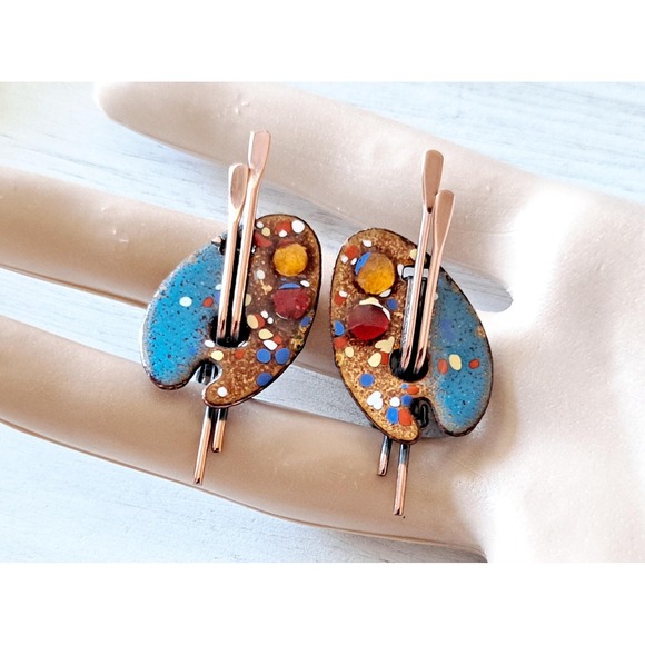 Jewelry - Vintage Renoir Matisse Copper Clip-on Earrings Artist Palette Design